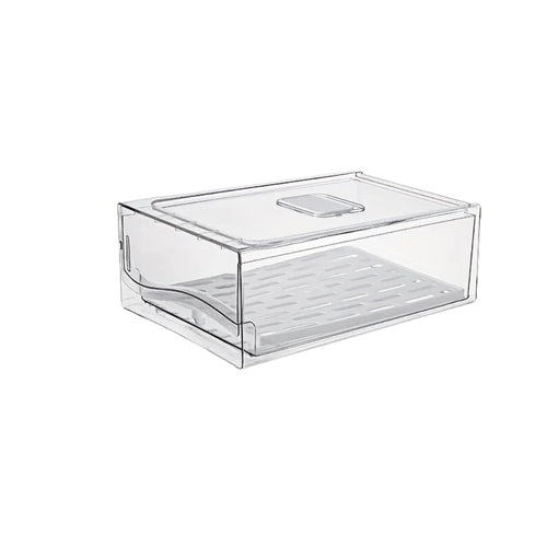 Clear refrigerator organizers stacked with tomatoes, meat, and bell peppers

Plastic storage bins with pull-out drawers for fridge food organization

Transparent storage bins drawer holding vegetables and food items

Refrigerator organizers with clear drawers for fruits and fresh food

Clear plastic storage container used inside a kitchen refrigerator setup