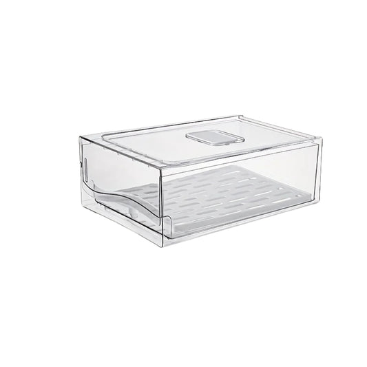 Clear refrigerator organizers stacked with tomatoes, meat, and bell peppers

Plastic storage bins with pull-out drawers for fridge food organization

Transparent storage bins drawer holding vegetables and food items

Refrigerator organizers with clear drawers for fruits and fresh food

Clear plastic storage container used inside a kitchen refrigerator setup