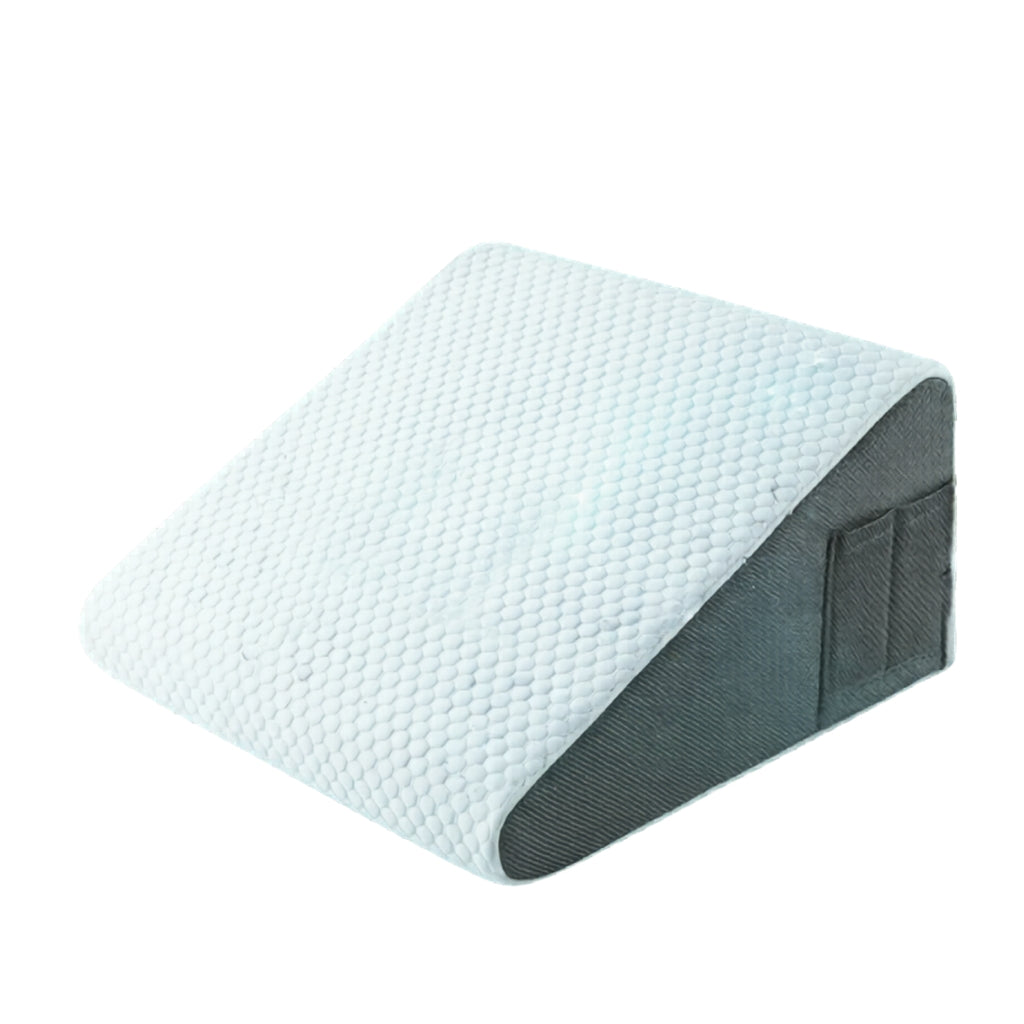 Wedge pillow for sleeping with breathable foam top, gray and white design
Elevated bed wedge pillow for head and back support, ideal for acid reflux
Portable wedge pillow with 2 pockets for remote control and glasses storage
Comfortable foam wedge pillow for post-surgery recovery, leg elevation
Memory foam wedge pillow for sleeping, gray and white cover, ergonomic design