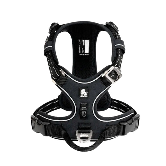 Black dog harnesses adjustable pet harness with padded chest and reflective trim

No pull dog harness with handle and quick release buckles on white background

Adjustable pet harness for dogs made with black nylon and reflective stitching

Dog harness with handle and metal leash attachment points for walking control

Padded pet harness for dogs with reflective straps and front chest support