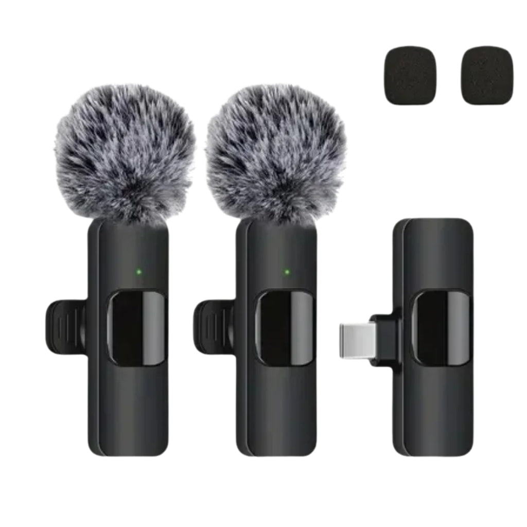 wireless microphone connected to a smartphone with USB C receiver
small lavalier microphone held beside a phone for recording
plug and play wireless microphone set with transmitter and receiver
portable microphones for phone video recording and live streaming
wireless lavalier mic shown with smartphone connection steps