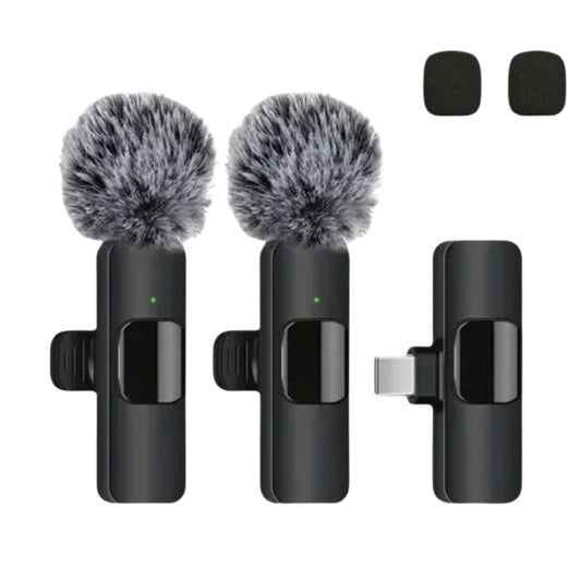 wireless microphone connected to a smartphone with USB C receiver
small lavalier microphone held beside a phone for recording
plug and play wireless microphone set with transmitter and receiver
portable microphones for phone video recording and live streaming
wireless lavalier mic shown with smartphone connection steps