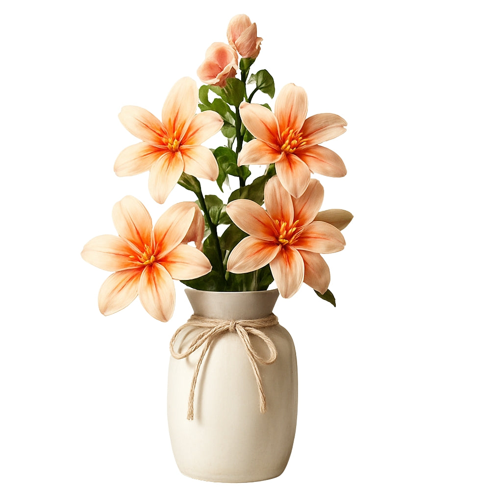 white flower vase with bow rope detail and scalloped top edge
plastic white vase with decorative bow for tabletop home decor
white tabletop flower vase with soft curved shape and rope bow
modern white vase for living room bedroom or office decoration